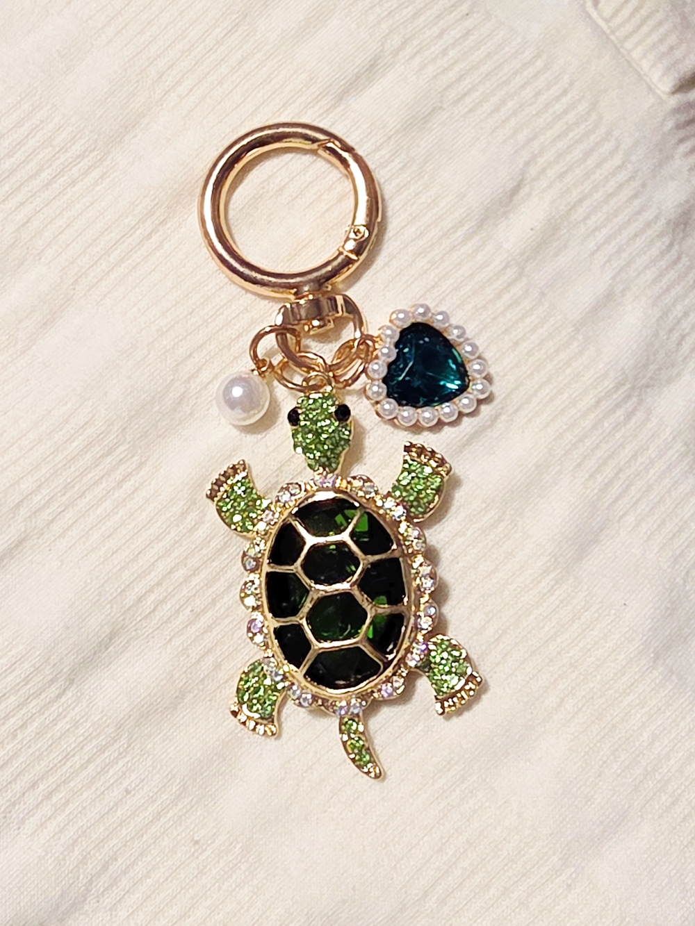 Green Rhinestone Turtle Charm Keychain